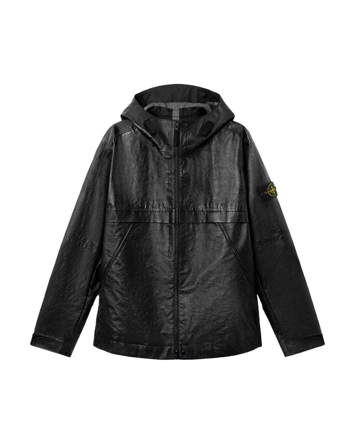 0100001 LEATHER ORGANZA HOODED JACKET